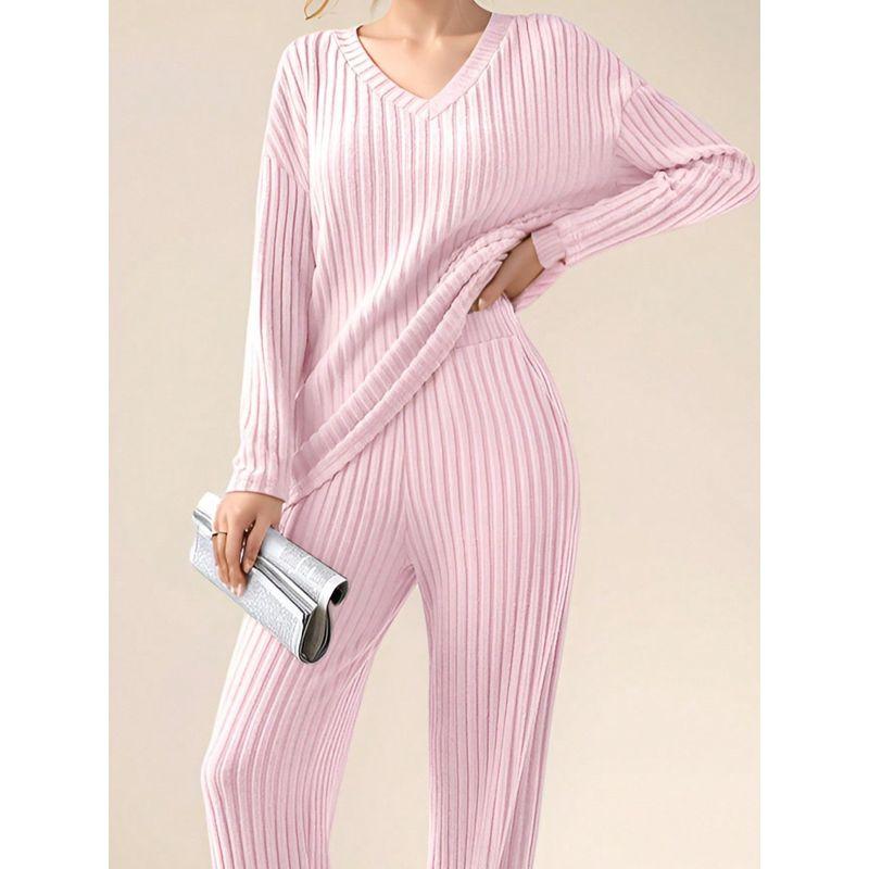 Western Style Spring and Autumn New Cross-Border V-neck Solid Sunken Stripe Loose Long Sleeves Shirt Trousers Casual Two-piece Suit Women Clothes