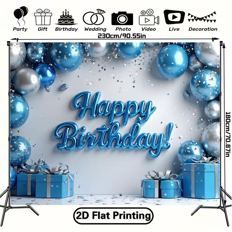 2D Blue Silver Balloon Birthday Backdrop, Boys Party Decor Banner