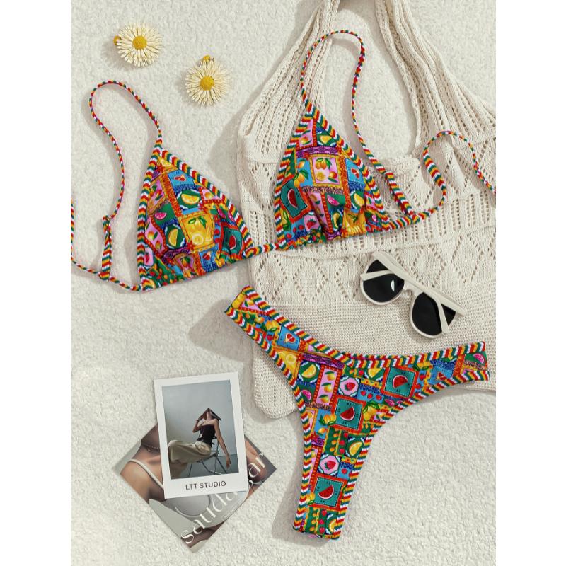 Set Bikini a Triangolo con Stampa Donna Leopardato Pois Stampa Frutta Bordi a Contrasto Laccetti Laterali Sexy Sfacciato Costume da Bagno Estivo da Spiaggia