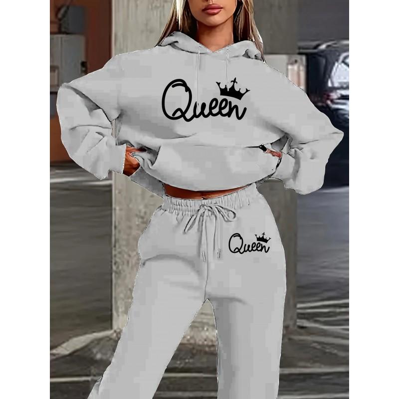 Womens Casual Hooded Sweatshirt Loose Pants Set With Letter Print Winter Wear