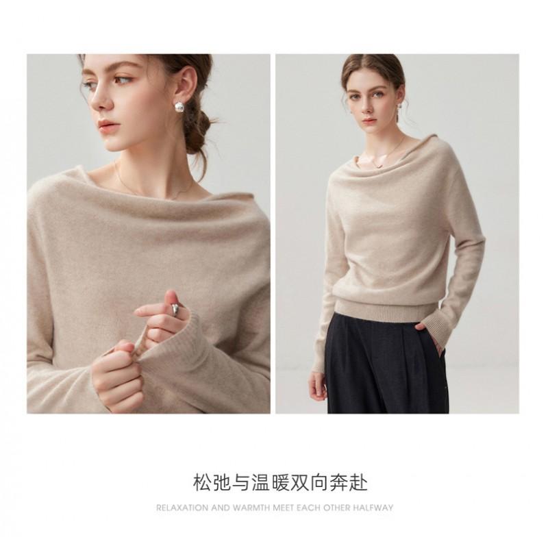 Womens Cashmere Blend Sweater With Batwing Sleeves Loose Fit Turtleneck-Free Boat Neck Knit Top Winter