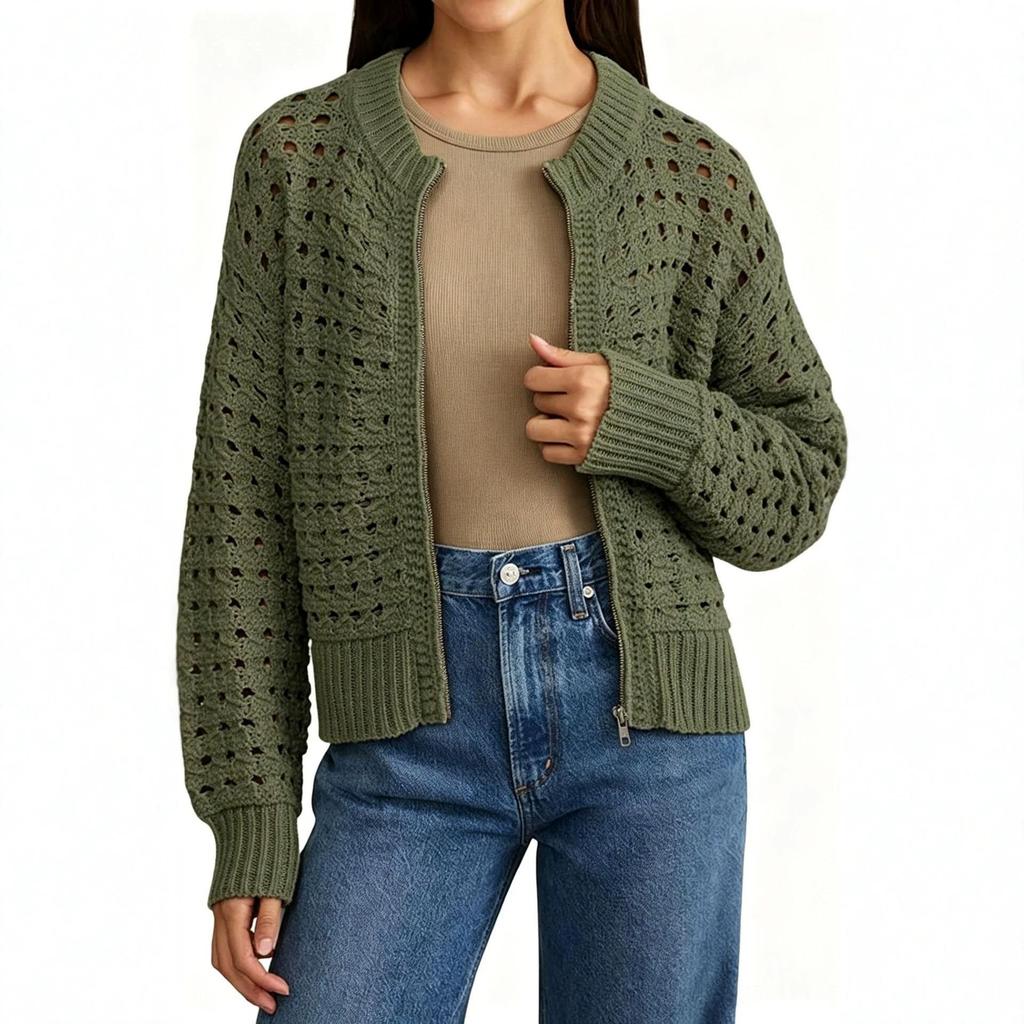 Maglione da Donna Versatile con Zip e Lavorazione a Intreccio - Design Semplice e Confortevole