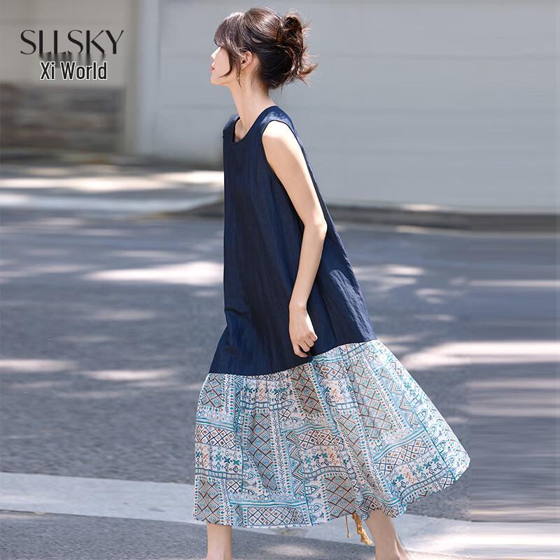 SLLSKY Women s Retro Print Faux Two-Piece Sleeveless Dress XL