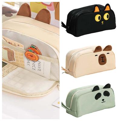 Large Capacity Capybara Pen Case Black Cat Panda Capybara Cartoon Pencil Box Animal Desktop Organizer Zipper Pencil Pouch