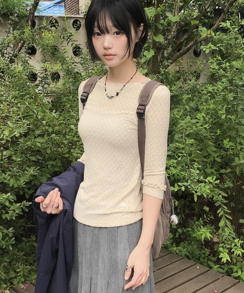 SOME PLACE Wrinkle Frill Point Boat Neck Semi-Slim 3/4 Long Sleeve T-Shirt_3 Colors