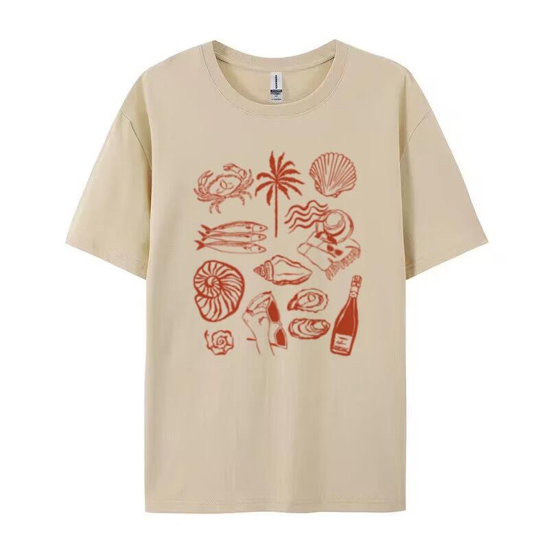 Women Trendy Summer Ocean Coastal Graphic Tees Retro Aesthetic La Dolce Vita T Shirt Cute Oyster Wine Shirt Beach Vacation Tops