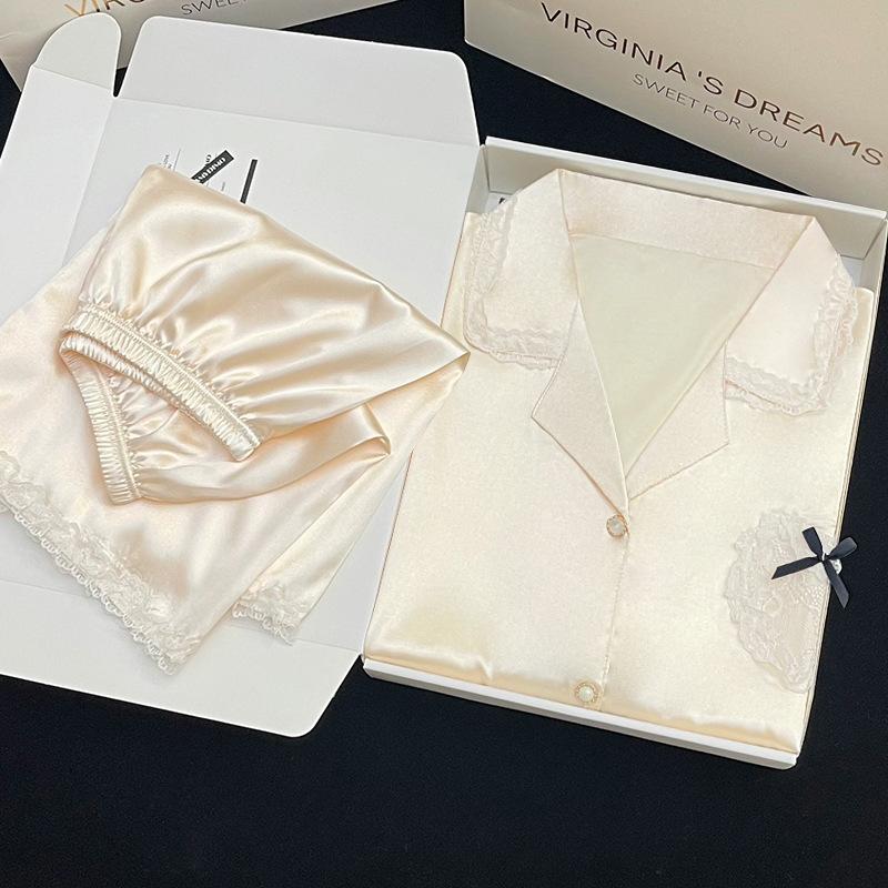 Ice Silk Pajamas Women'S Summer Sweet Age Reduction Pure Desire Love Lace Lace Short-Sleeved Shorts Loungewear
