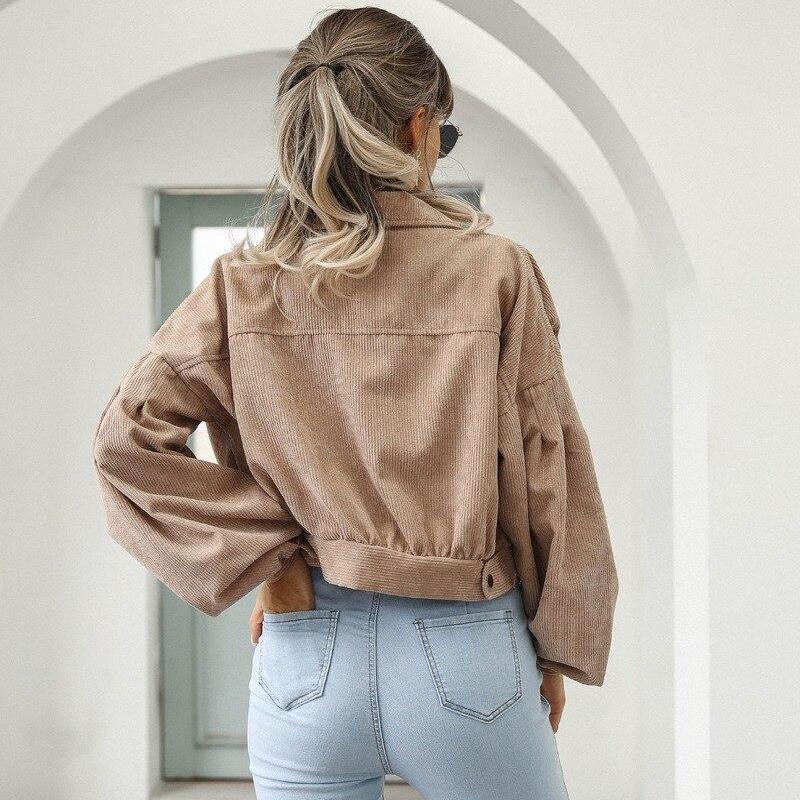 Abgeschnittene Cordjacken Damen Einreiher Mantel Mantel Mode Laternenärmel Vintage Herbst Winter Damenjacke 18047