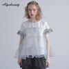 Korean Fashion Summer Women Patchwork Stylish Top O Neck Cotton Polka Dot Mesh Ruffles T-Shirt Short Sleeve Casual Loose Ladies' Tee