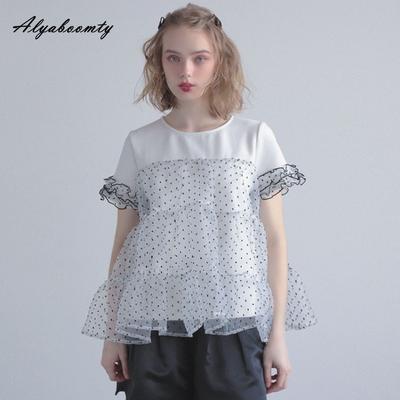 Korean Fashion Summer Women Patchwork Stylish Top O Neck Cotton Polka Dot Mesh Ruffles T-Shirt Short Sleeve Casual Loose Ladies' Tee