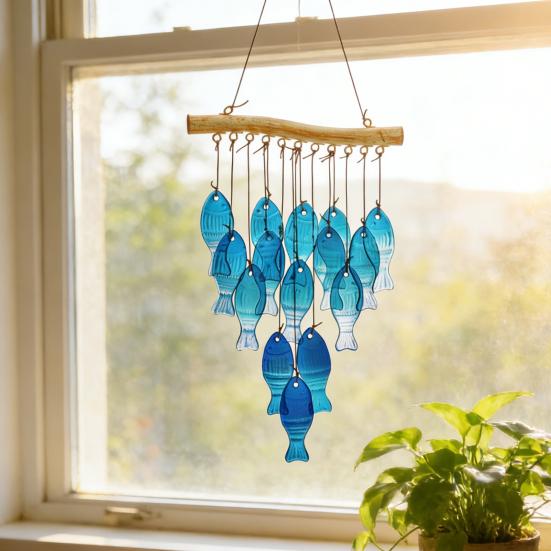 Mavi Cam Balık Rüzgar Çanı El Yapımı Denizci Balık Temalı Güneşlik İç Mekan Dış Mekan Bahçe Avlu Teras Asılı Rüzgar Çanı Dekorasyon