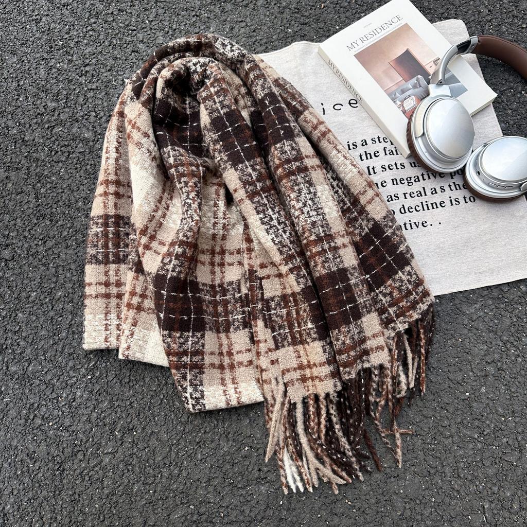 Retro New Plaid Scarf Women's Autumn and Winter Versatile Warm Thickened Imitation Cashmere Shawl Scarf Dual-purpose