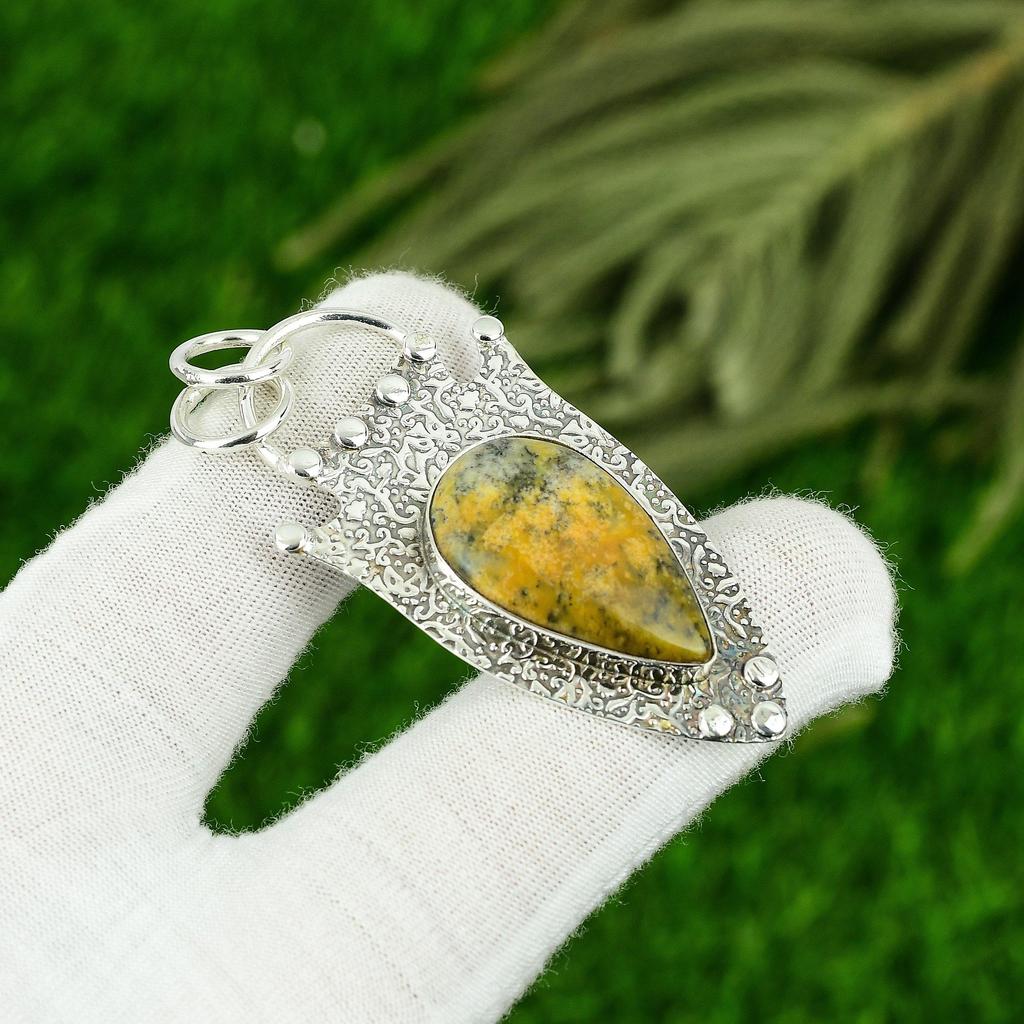 Pear Yellow Dendrite Opal Gemstone 925 Silver Artisan Trendy Daughter Pendant