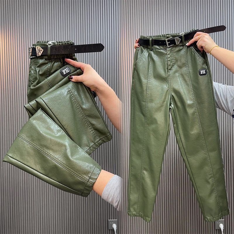 Fashion Y2k Leather Pants PU Casual Straight Leg Pant Loose Slimming Plus Size Highs Waist Haren Trousers Women