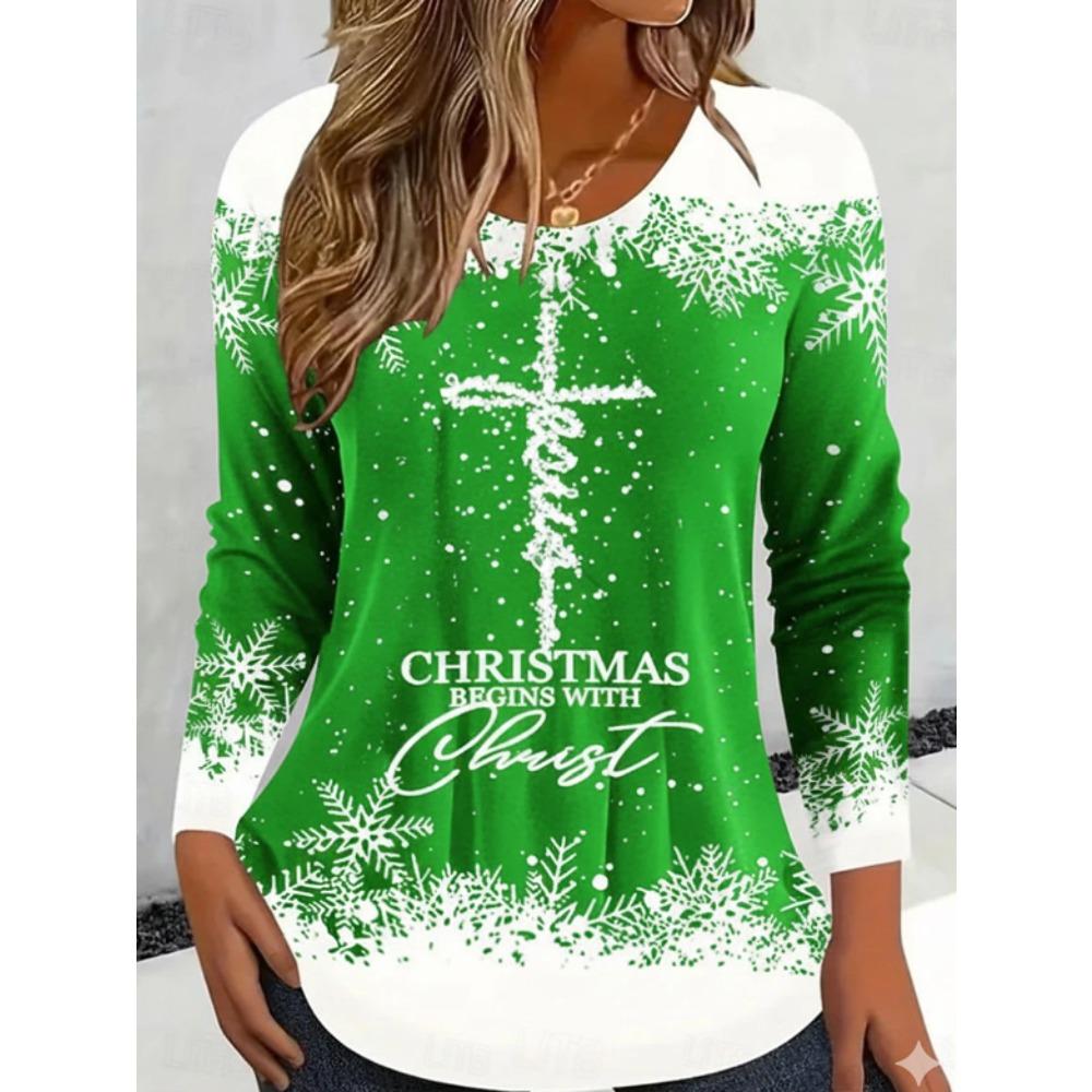 Tops for Women Christmas Season Print Round Neck Long Sleeve T-shirt Fall Casual Slim Pullover Women's Long Sleeve Top