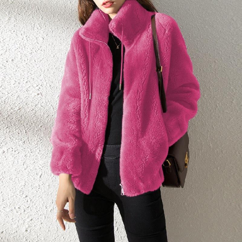 Cappotto Invernale da Donna in Pile Corallo Doppio Caldo Collo Alto Cappotto Lungo Casual alla Moda da Donna con Cerniera Maniche Lunghe