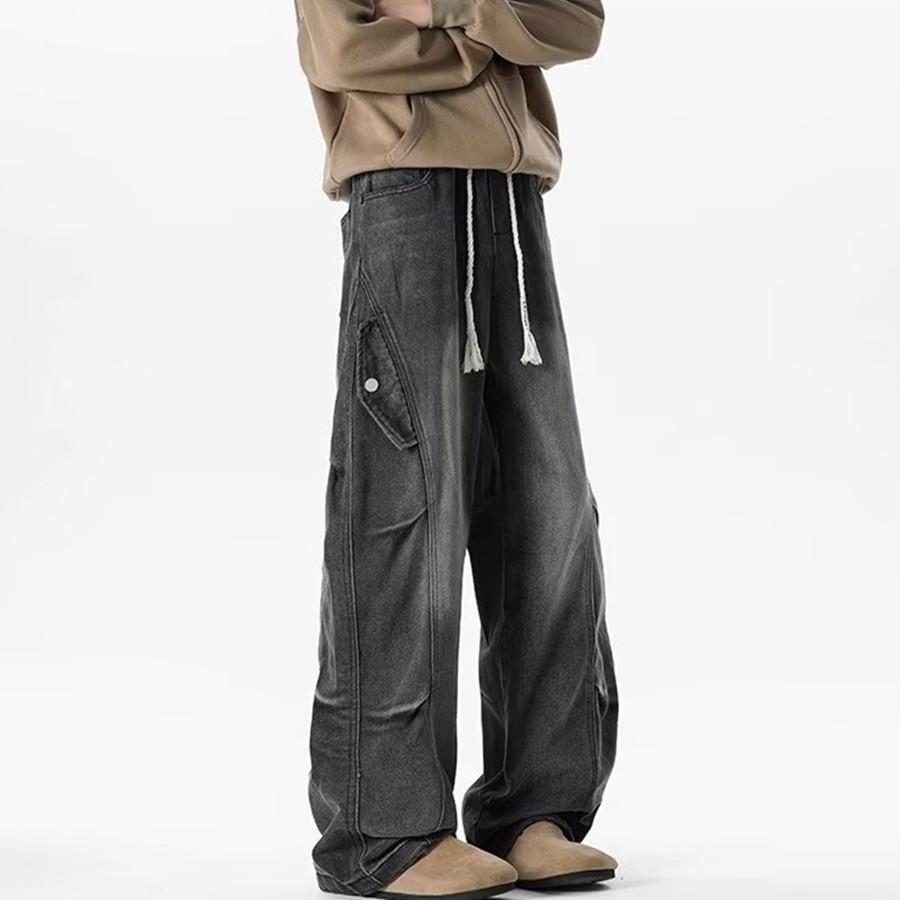 American Yellow Mud Dyed Jeans Men's Autumn Trendy Brand Vibe Wide-leg Pants Old Straight Trousers Scimitar Slightly Pulled Trousers