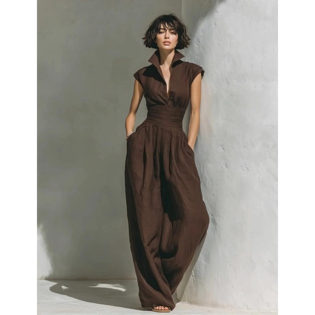 New Women's Solid Color V-neck Sleeveless Waisted Long Dress, Popular for Cross-border Independent Stations & Amazon