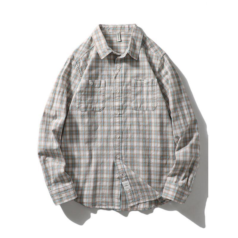 Brushed Long Sleeve Overalls Casual Plaid Shirt Khaki XL