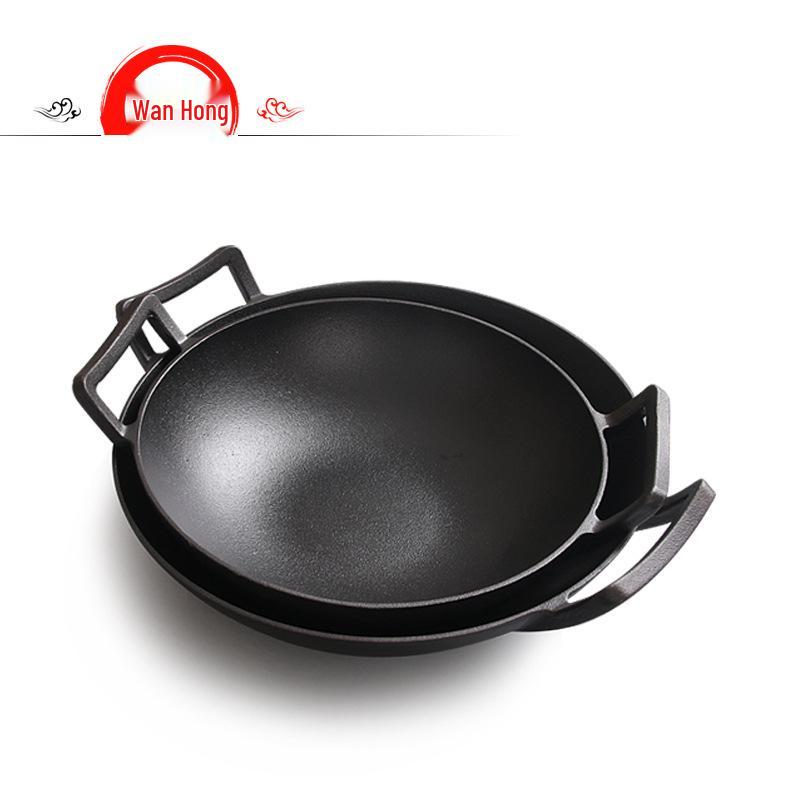 Thickened Cast Iron Double-Handle Wok – No Coating, Flat-Bottom Stew Pot, Healthy Kitchenware, Old-Fashioned Iron Design.