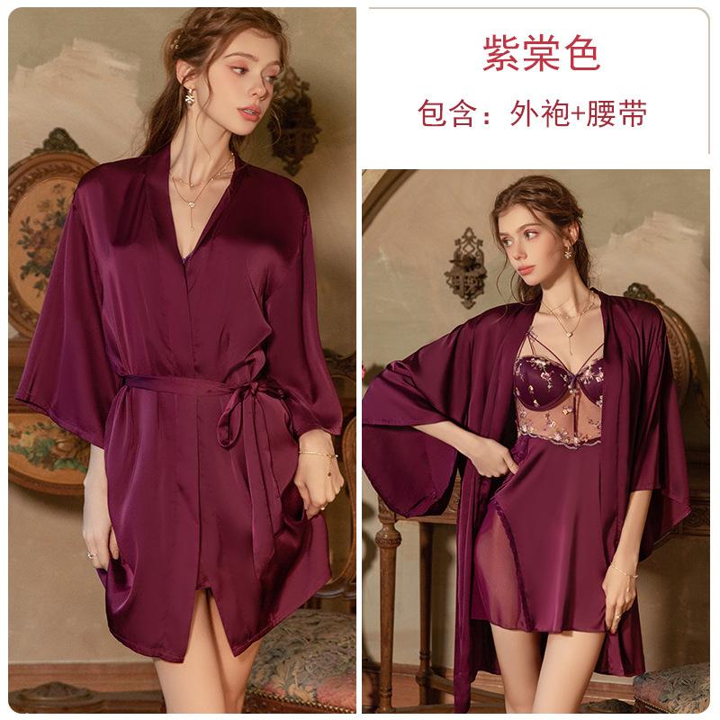 Sexy pajamas deep V gathering plus steel rim chest pad sweet mesh ice silk nightdress robe set