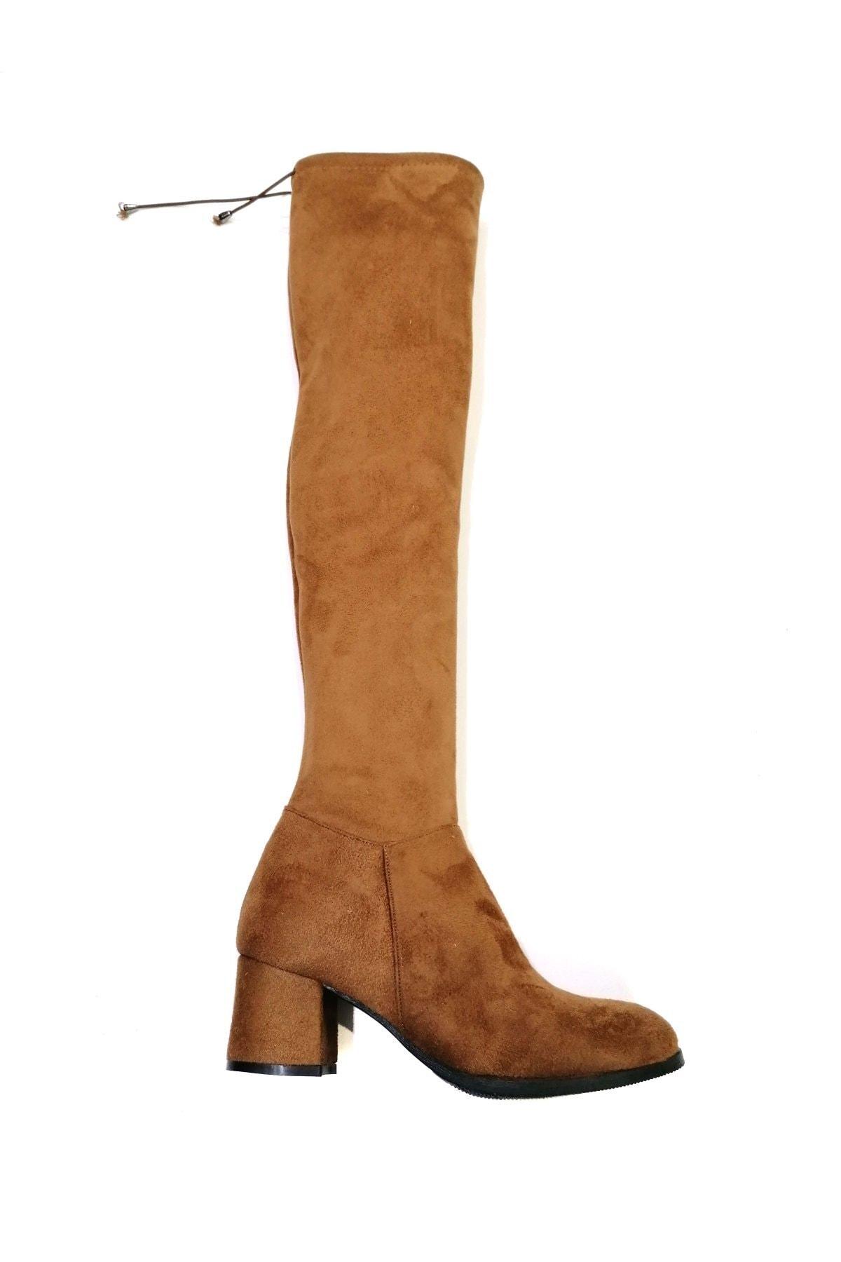 

Женские модные коричневые эластичные сапоги выше колена на коротком каблуке