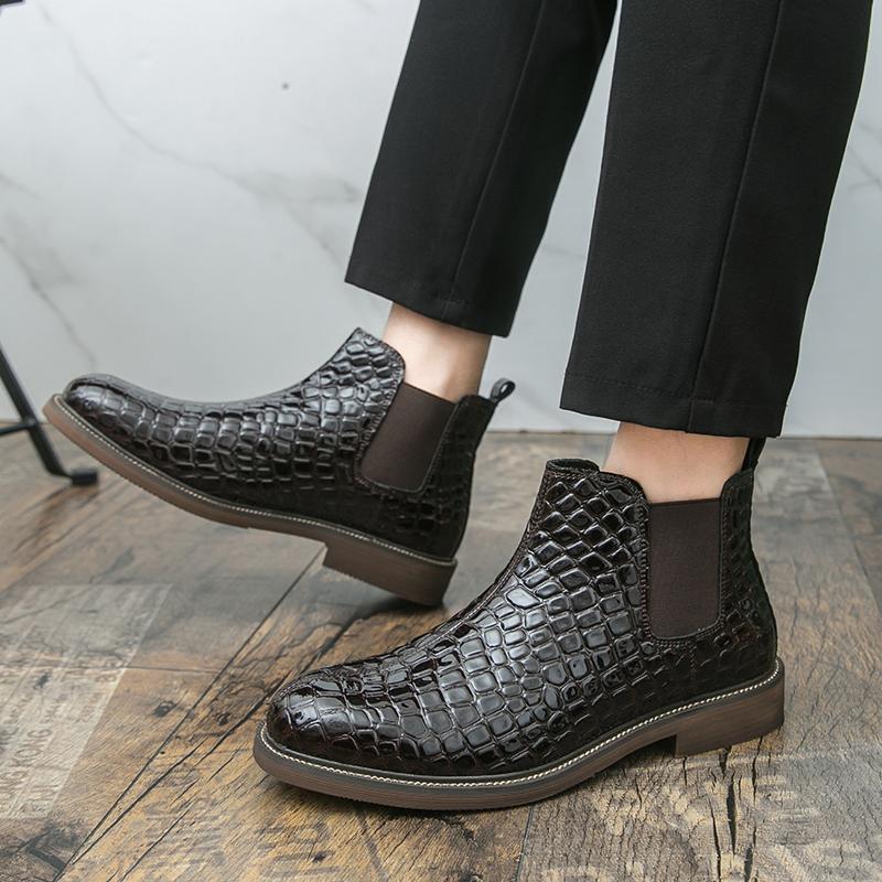 Men's Formal Chelsea Boots Woven Design Leather Ankle Boots Business Casual Dress Shoes for Autumn Winter Slip On High Top
