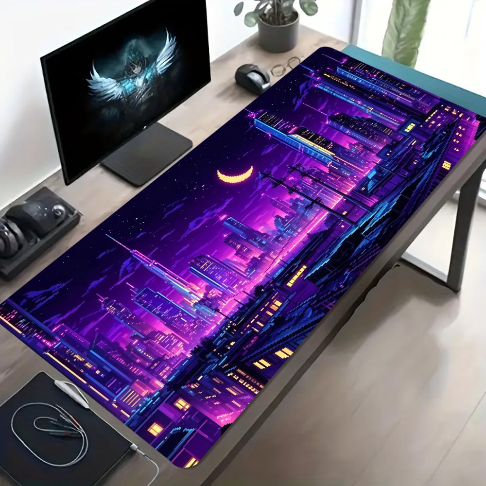 Cyberpunk City Neon Night Large Mouse Pad Non Slip Rubber Base View Print Gaming Desk Mat Mousepad For Gamer Desk Workspace