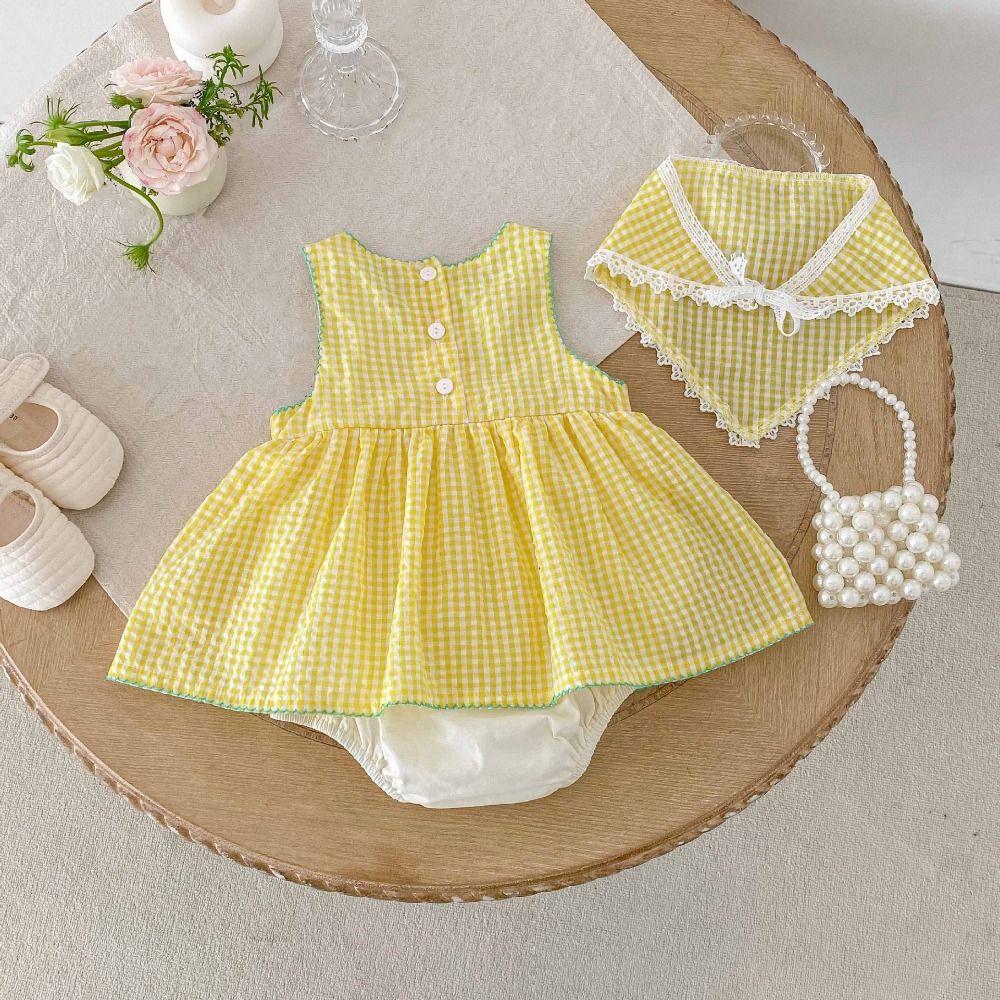 Duck Print Cotton Romper Yellow Gingham Princess Dress Bodysuit Rompers  Summer Outfit