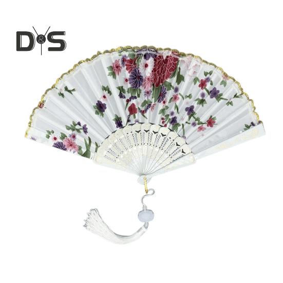Chinese Style Flower Folding Fan with Tassels Portable Summer Hand Held Cooling Fan Decoration Dance Performance Props Party Costume Accessories