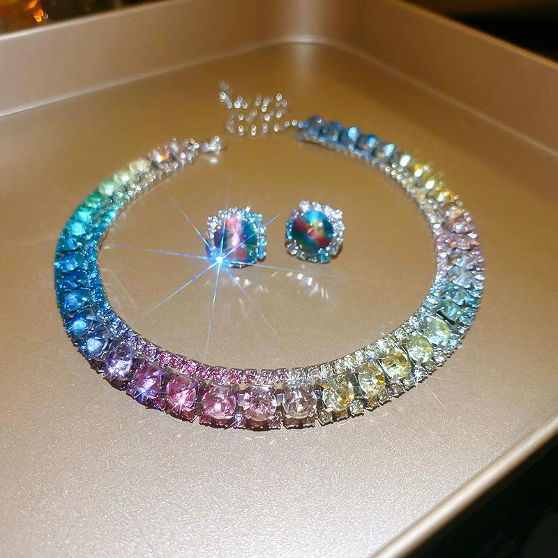 Full Shiny Rhinestone Inlaid Stud Earrings & Necklace Elegant Bling Bling Style Alloy Jewelry Banquet Accessories