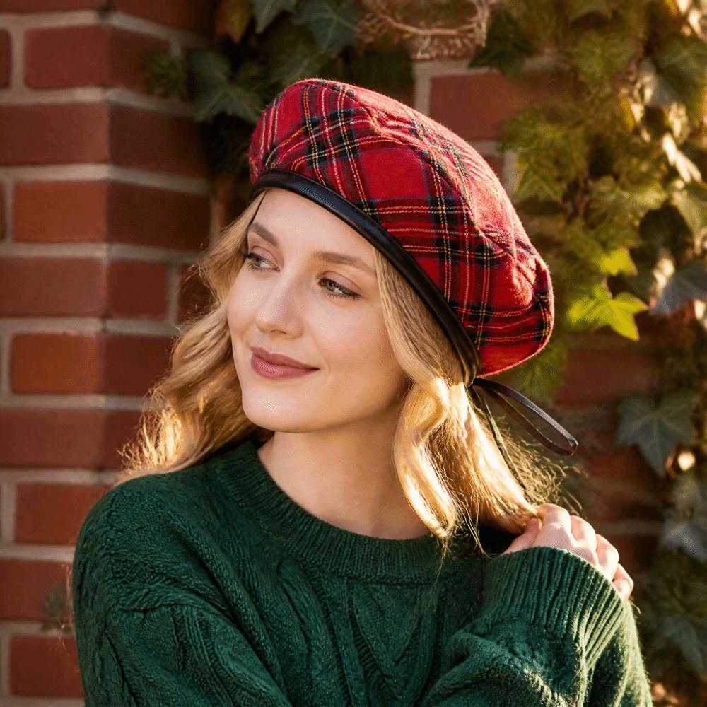Y2K Tartan Plaid Beret Drawstring Artist Hat Fashion Newsboy Cap Autumn