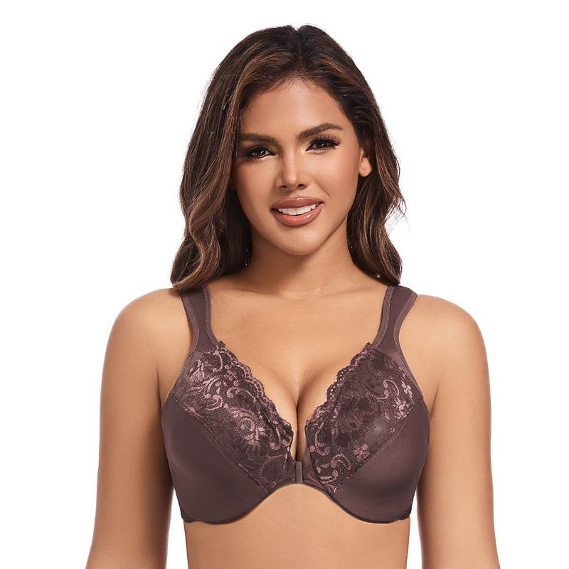 Plus Size Women's Thin Close Knit Sexy Lace with Underwire Adjustable Front Button Bra