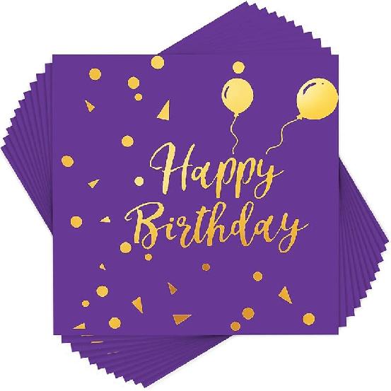 100 Pack Purple Birthday Napkins Disposable - Purple and Gold Happy Birthday Paper Napkins for Birthday Party Supplies Purple and Gold