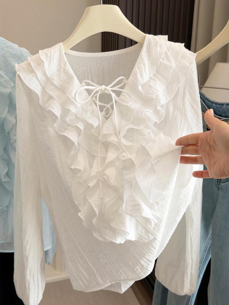 Korean Style Sweet Ruffle V-Neck Tie-Up Long Sleeve Shirt for Women - Spring Collection