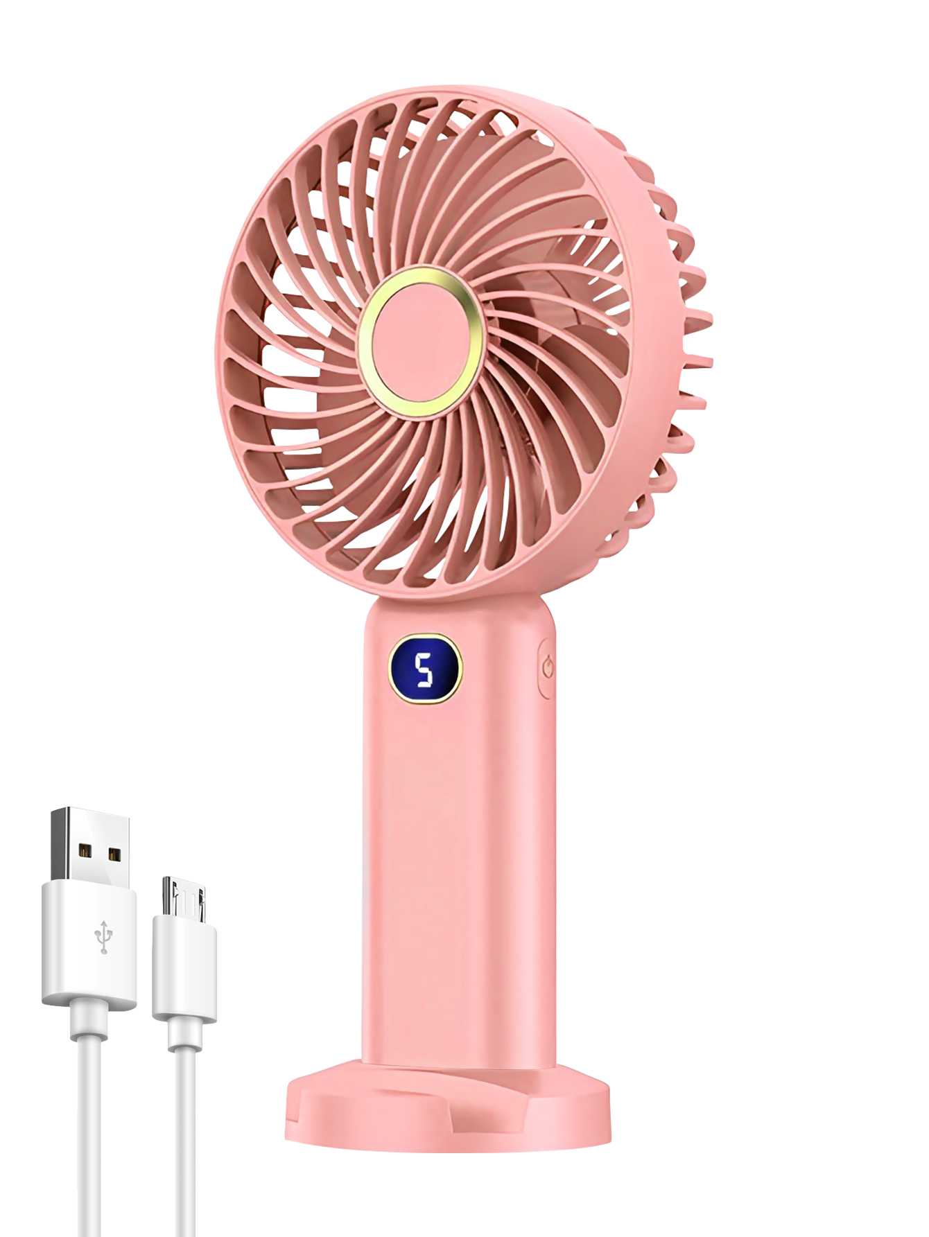 

Portable Handheld Fan USB Rechargeable Mini Fan Digital Display 5-Speed Adjustment Suitable For Travel Outdoor Office Home рожевий