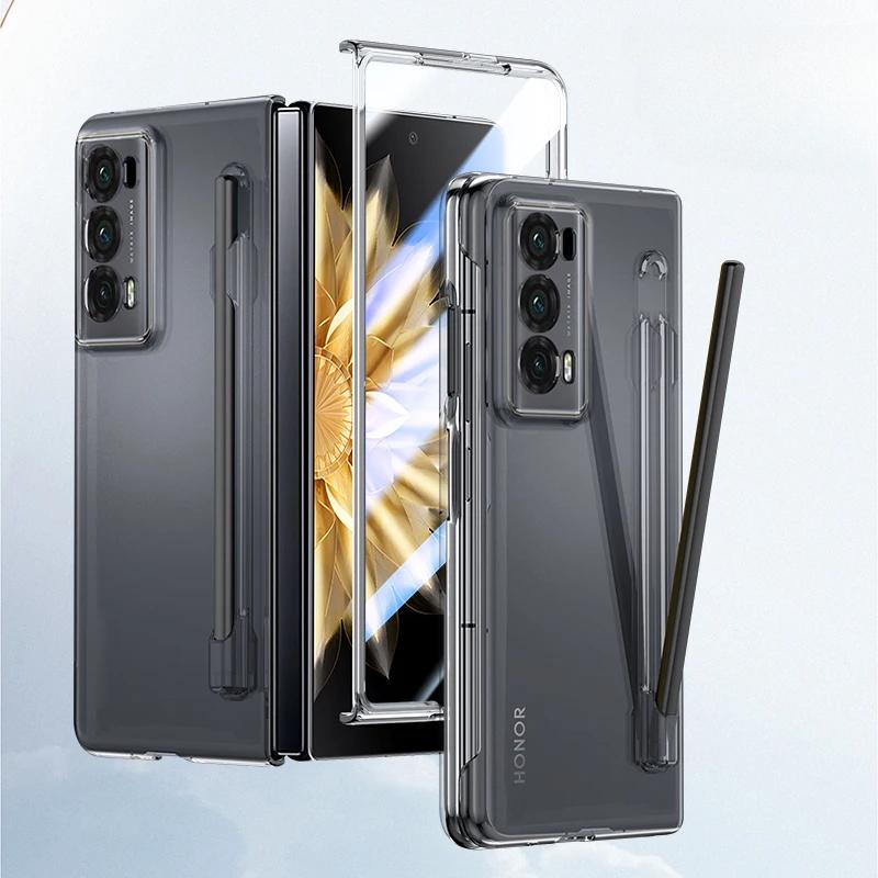 Luxury Armor Case for Honor Magic V2 Matte with Pen Skin Feel Transparent Screen and Solid Color Back Shockproof Hard Plastic Cover