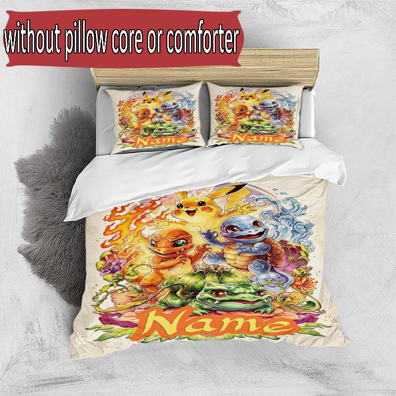 3-teiliges Bettbezug-Set (1 * Bettbezug + 2 * Kissenbezug, ohne Kern), Benutzerdefinierter Name Pokemon Muster Bettwäsche Set, Heim Schlafzimmer Dekor Geschenk