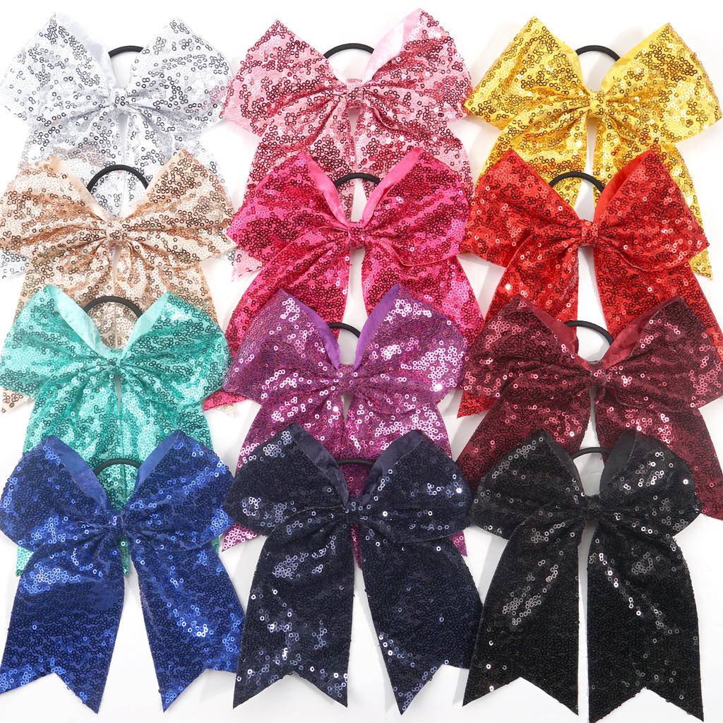 12Pcs 7.5' Bling Sparkly Glitter Sequins Pigtail Bows for Kid Girls Large Cheerleading Bows Ponytail Holder Elastic Hair Ties