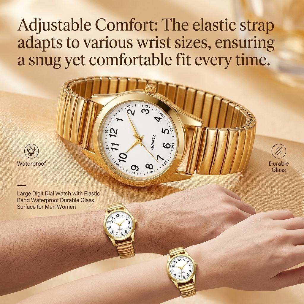 Large Digit Dial Watch with Elastic Band Waterproof Durable Glass Surface for Men Women