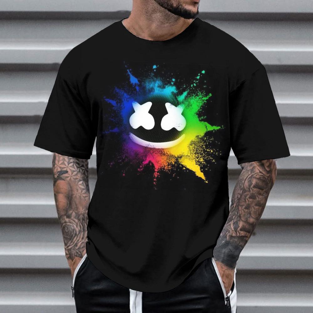Summer Round Neck 3D Neon Graffiti Skull Graphic Print Top Fashionable Casual Short Sleeved Men's T-shirts