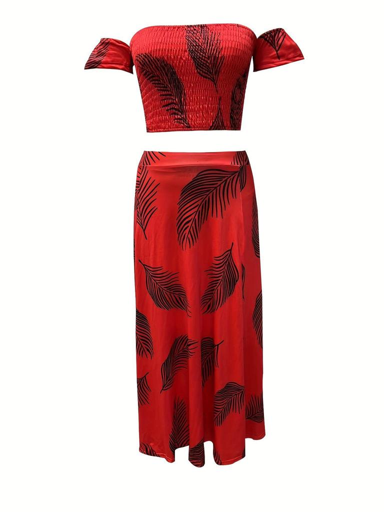 2024 European & American Summer Slim-Fit Strapless Bohemian Mid-Length Vintage Print Dress Set