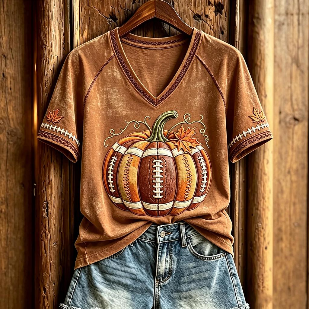 Women's V-Neck Rugby Print T-Shirt Short Sleeve Casual Summer Top for Women