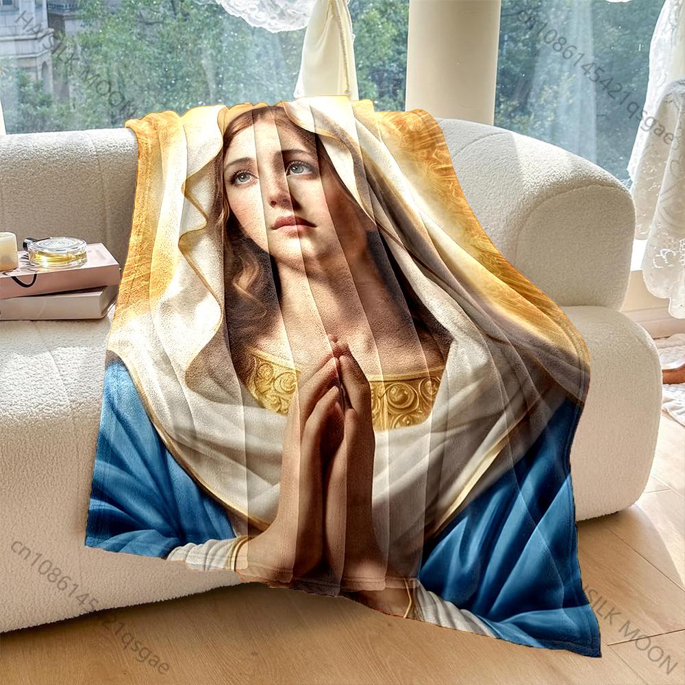 1PC Woman Praying with Halo Print Blanket Warm Soft Fluffy Kids and Adult Sofa Bed Throw Blanket Outdoor Travel Camping RV