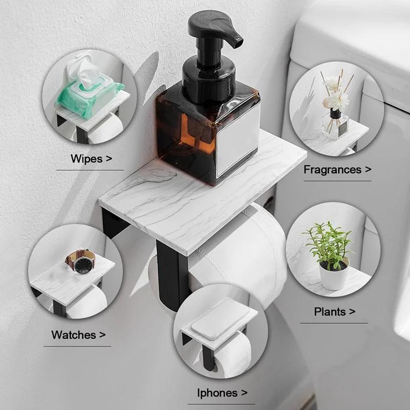 Modern Marble Toilet Paper Holder with Shelf, Wall Mounted Bathroom Organizer for TP Roll & Storage, Vanity Cabinet Decor