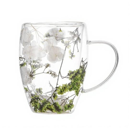 350ML Double Wall Glass Coffee Mug Dries Flower Insulated Glass Cup with Handle Clear Espresso Latte Cappuccino Milk Juice Tea Water Cup