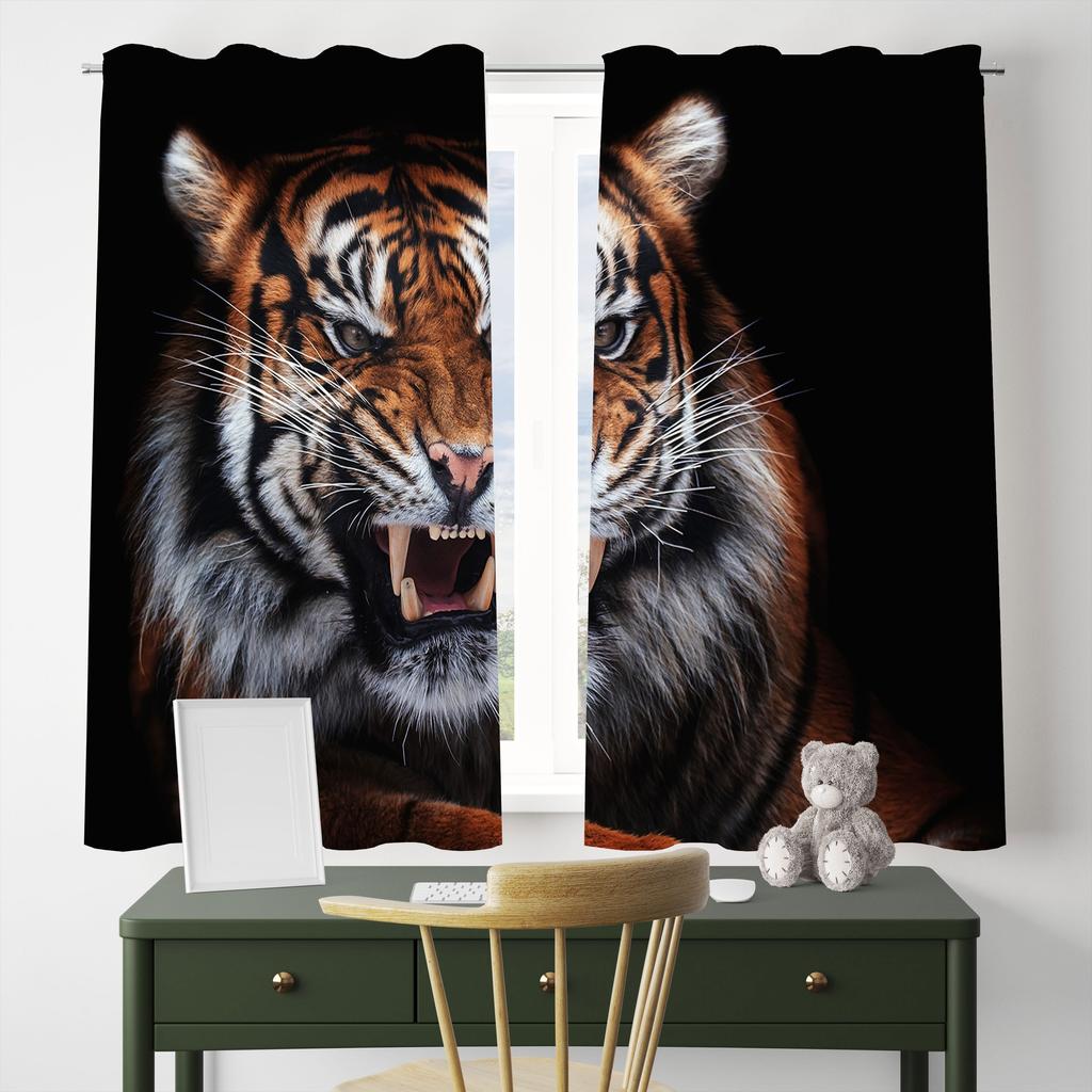 2pcs White Tiger Style Printed Curtain For Home Decor Rod Pocket Window Treatment For Bedroom Office Kitchen Living Room Study