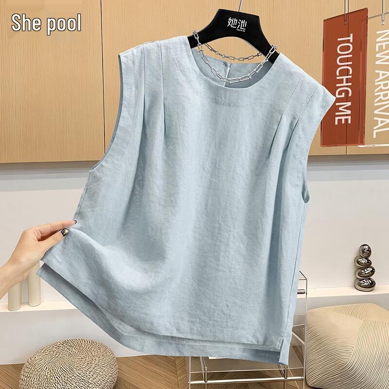 Women s Linen Round Neck Pleated Vest XL