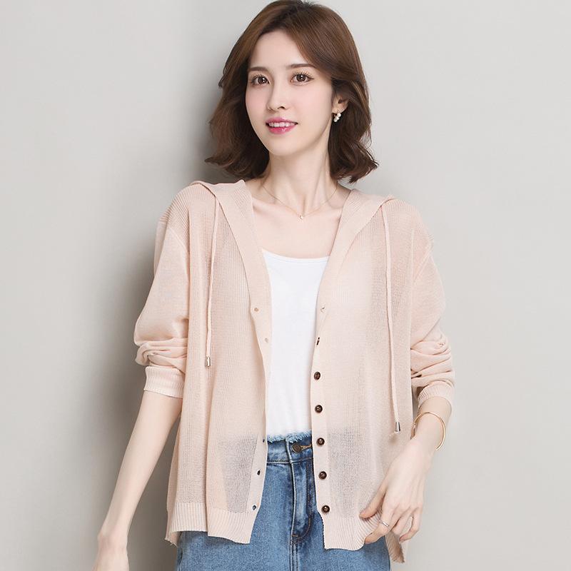 Ice Silk Knitted Cardigan Women's Coat Hooded Lace Up Sun Protection Jacket Shawl Spring and Summer Thin Style Solid Color Loose Fit
