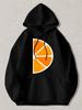 Black Pullover Hoodie with Orange Slice Graphic Print, Casual Long Sleeve Sweatshirt with Kangaroo Pocket And Drawstring Hood, Uni